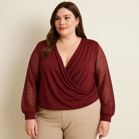 Burgundy Draped Surplice Lace Womens Top Sz 4XL Boho Whimsigoth Fall Draped - Picture 1 of 12